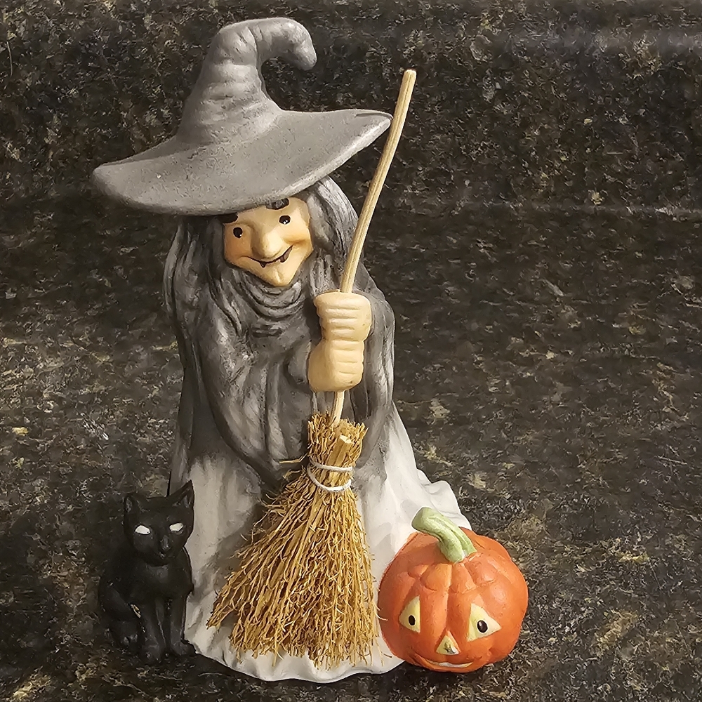 Vintage United China And Glass Halloween Witch Sweeping With Pumpkin And Cat